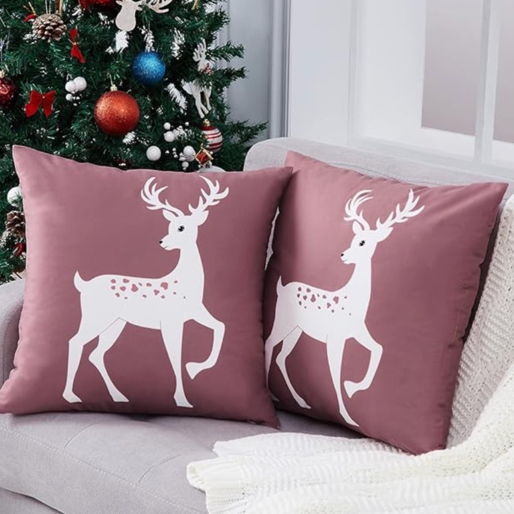 20 x 20 Pink Christmas Reindeer Pillow Cases- Set of 2 - Picture 1 of 5